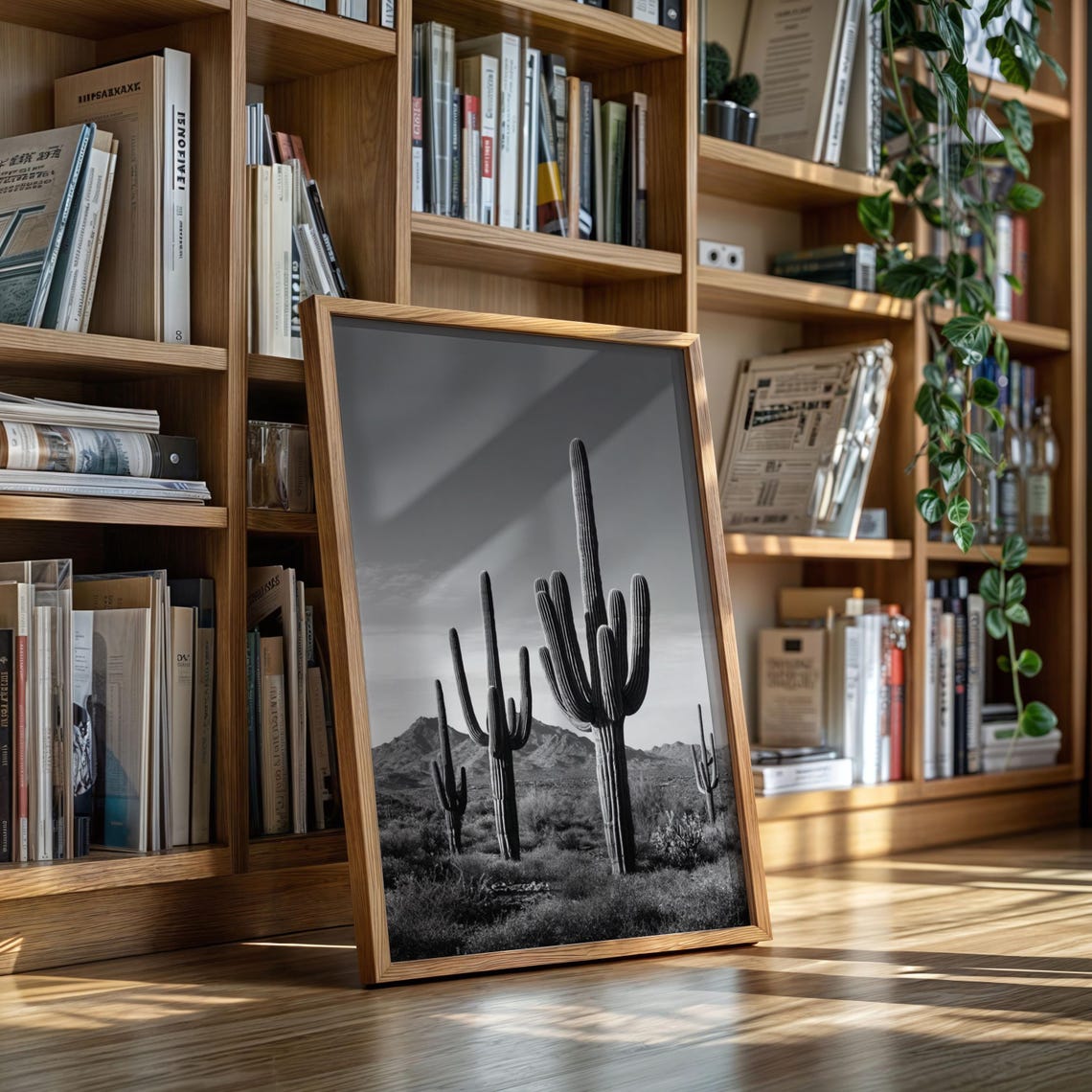 Tall Saguaro Cacti in Desert Landscape Black and White Poster