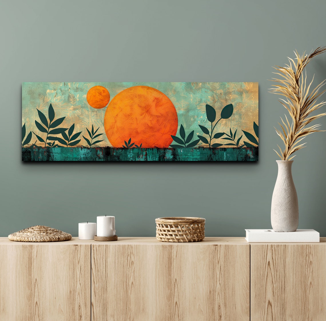 Twin Orange Suns Botanical Silhouette Teal Mid Century Modern Wall Art - Image 5