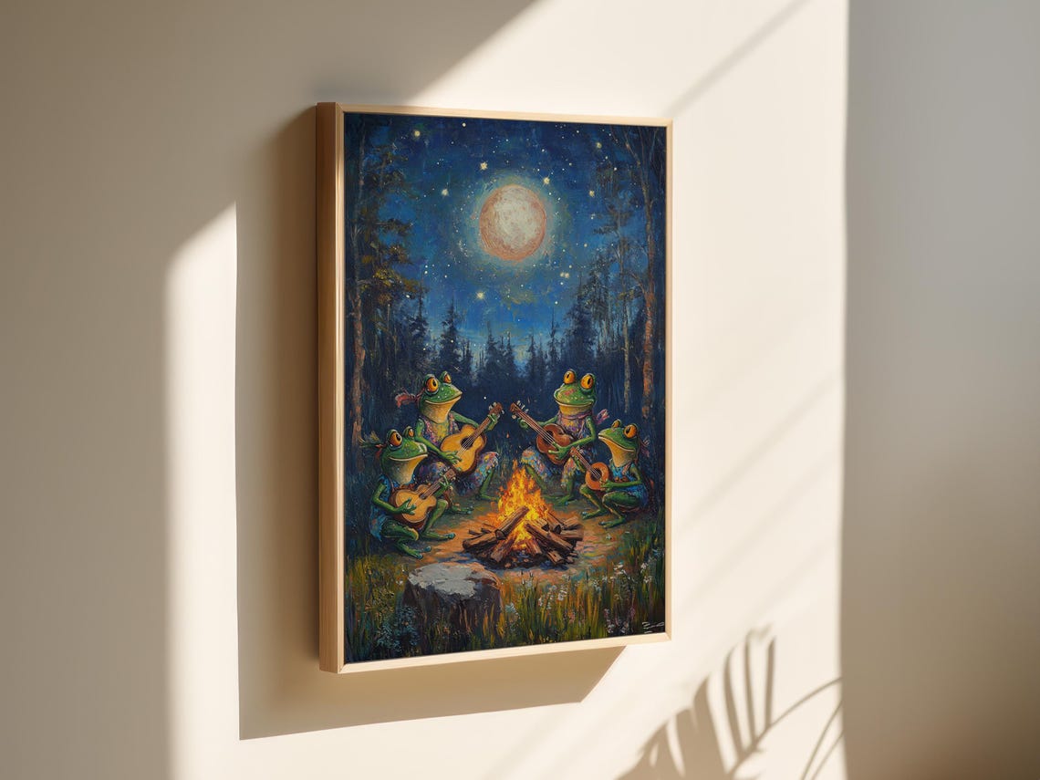 Frogs Playing Guitars Around Campfire Under Full Moon Poster - Image 5