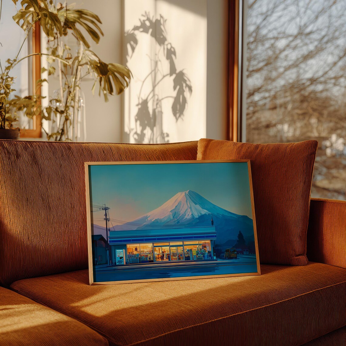 Mount Fuji Over Glowing Japanese Convenience Store Evening Art Poster