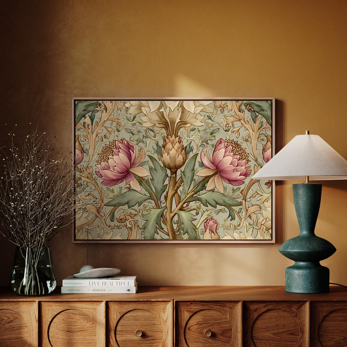 William Morris Style Botanical Pink Lotus Flower Floral Art Poster