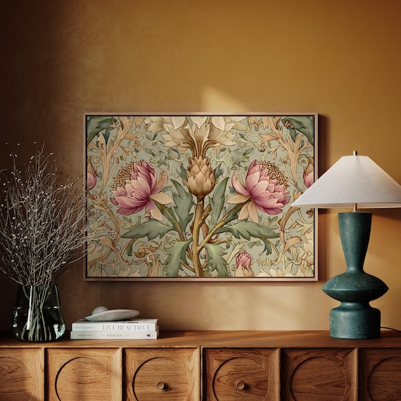 William Morris Style Botanical Pink Lotus Flower Floral Art Poster