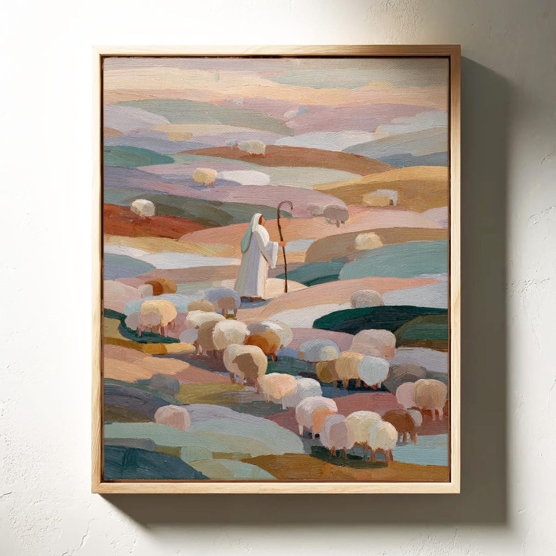 Shepherd With Sheep Pastel Hillside Naive Folk Art Style Poster