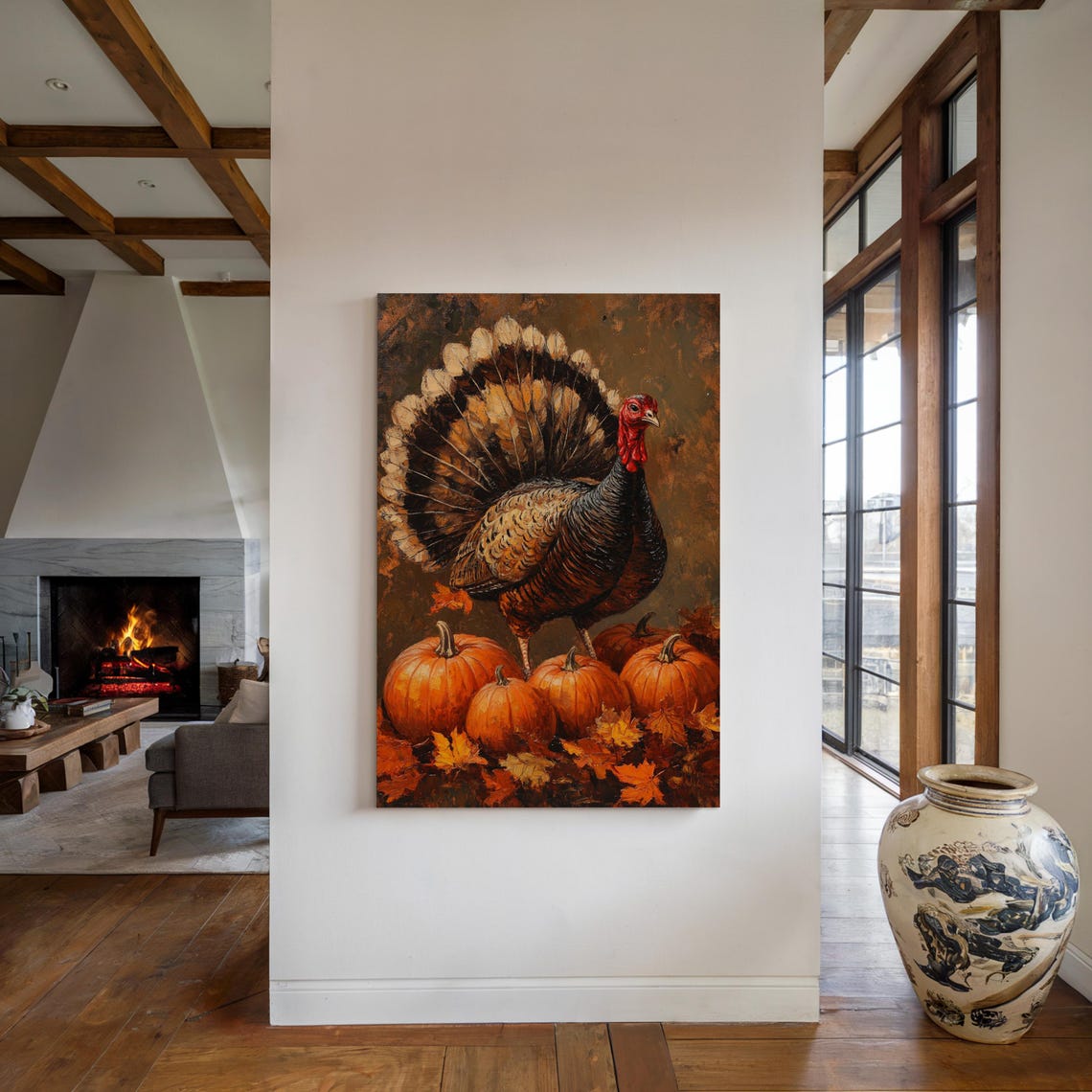 Wild Turkey With Orange Pumpkins Fall Harvest Painting Poster - Image 5