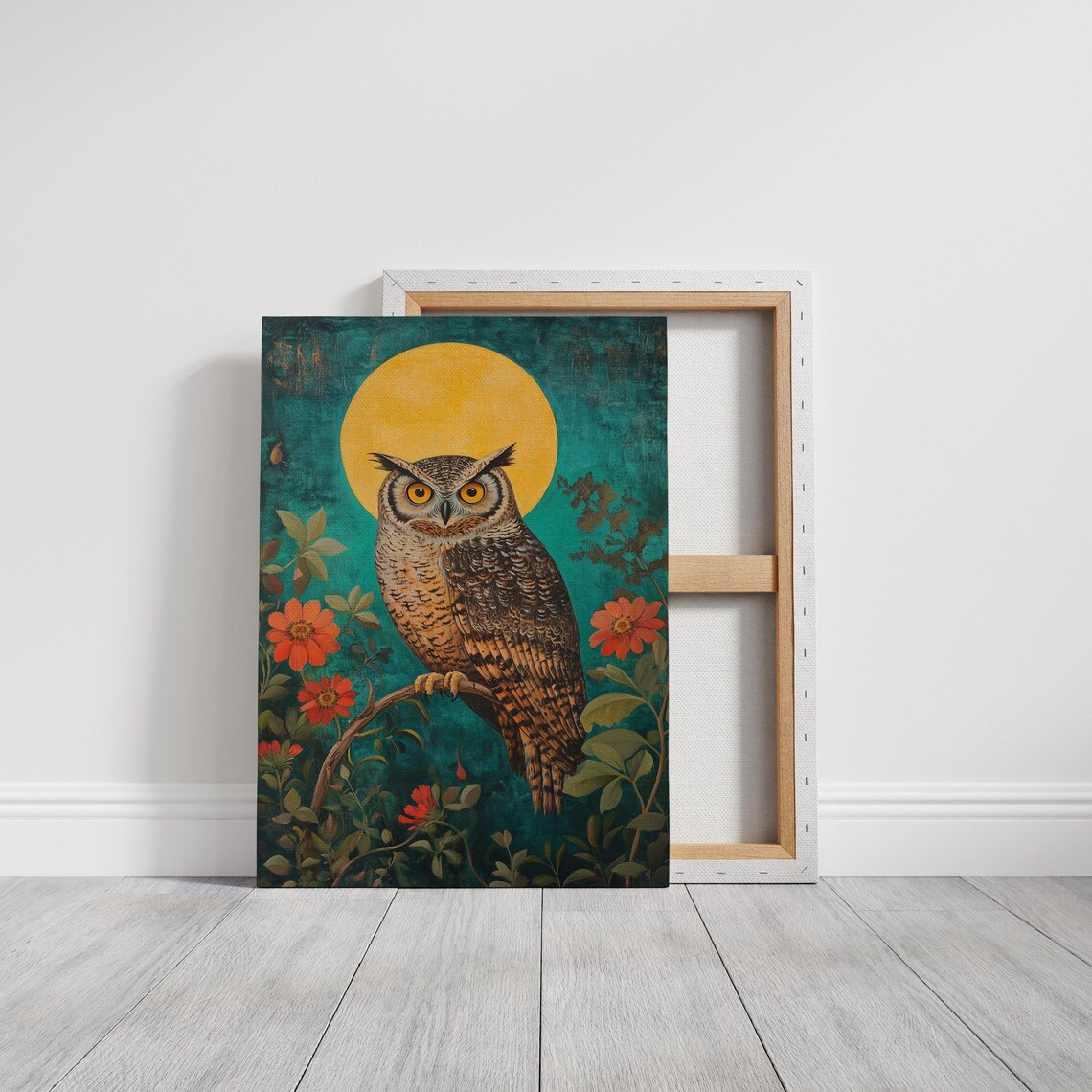 Golden Moonlit Owl Art Print, Vibrant Floral Decor - Image 3