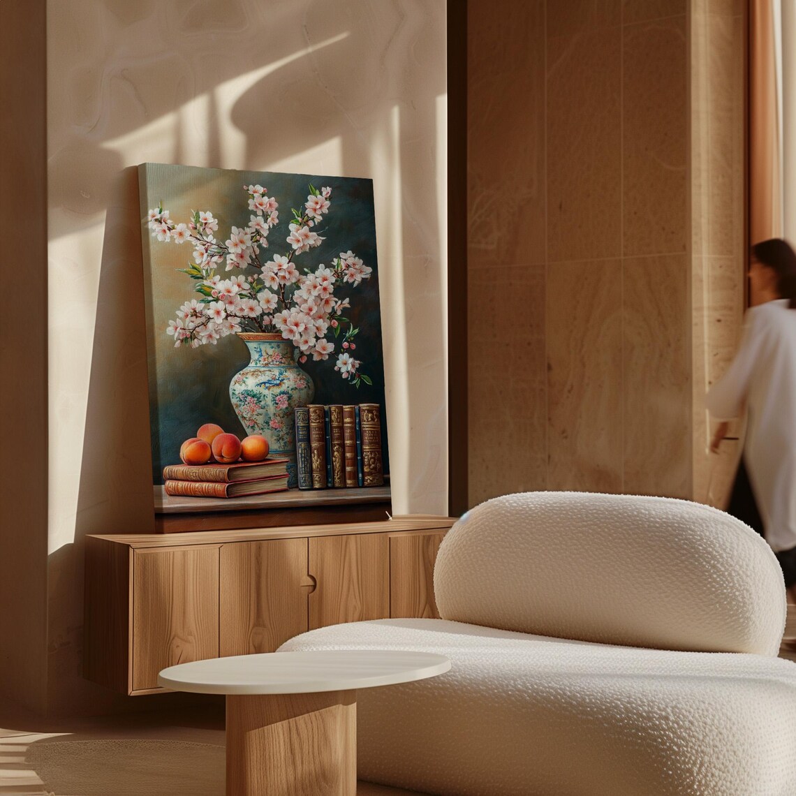 Cherry Blossom Vase Still Life Peaches Vintage Books Oil Art Poster - Image 5