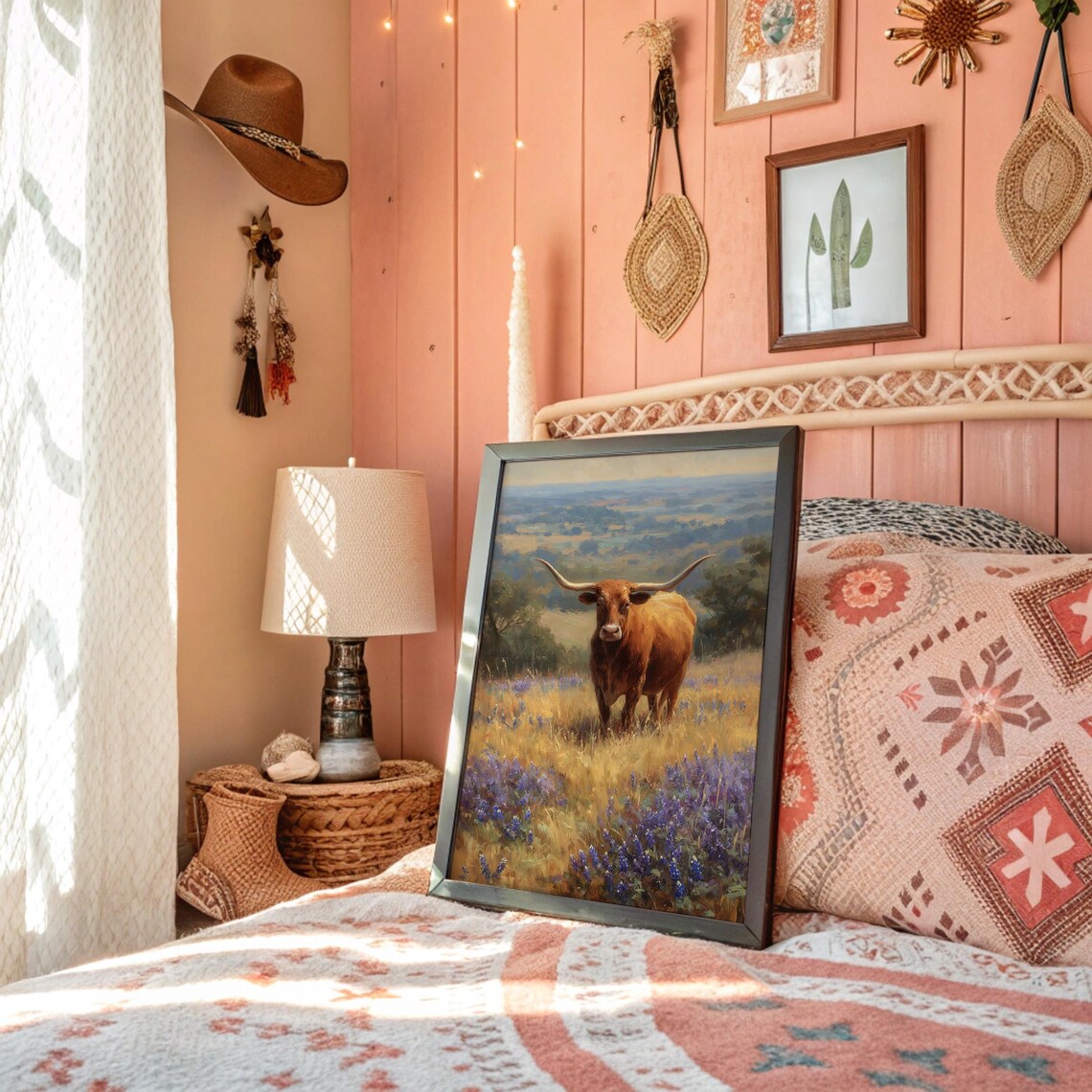 Texas Longhorn Cow Bluebonnet Field Western Wildlife Painting Poster