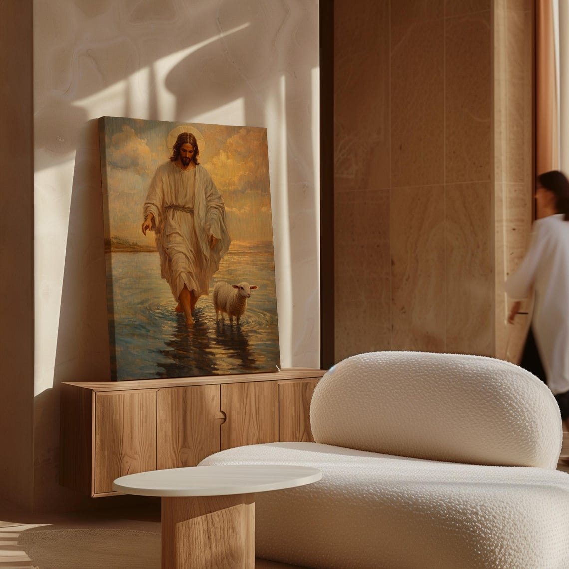 Jesus Christ With Lamb Walking on Water Golden Sky Religious Poster - Image 7