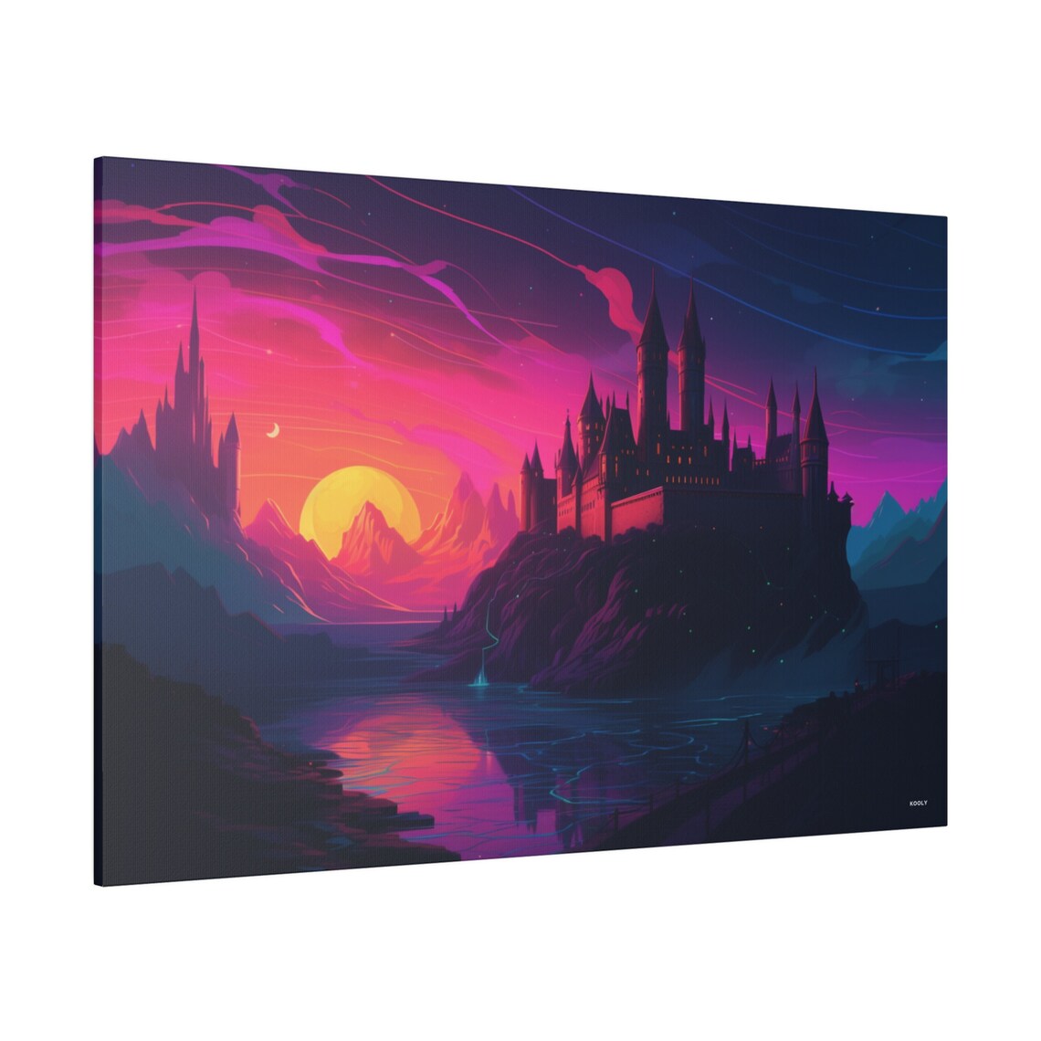 Mystic Fantasy Castle Sunset Lake Neon Pink Dream Sky Art Poster - Image 2