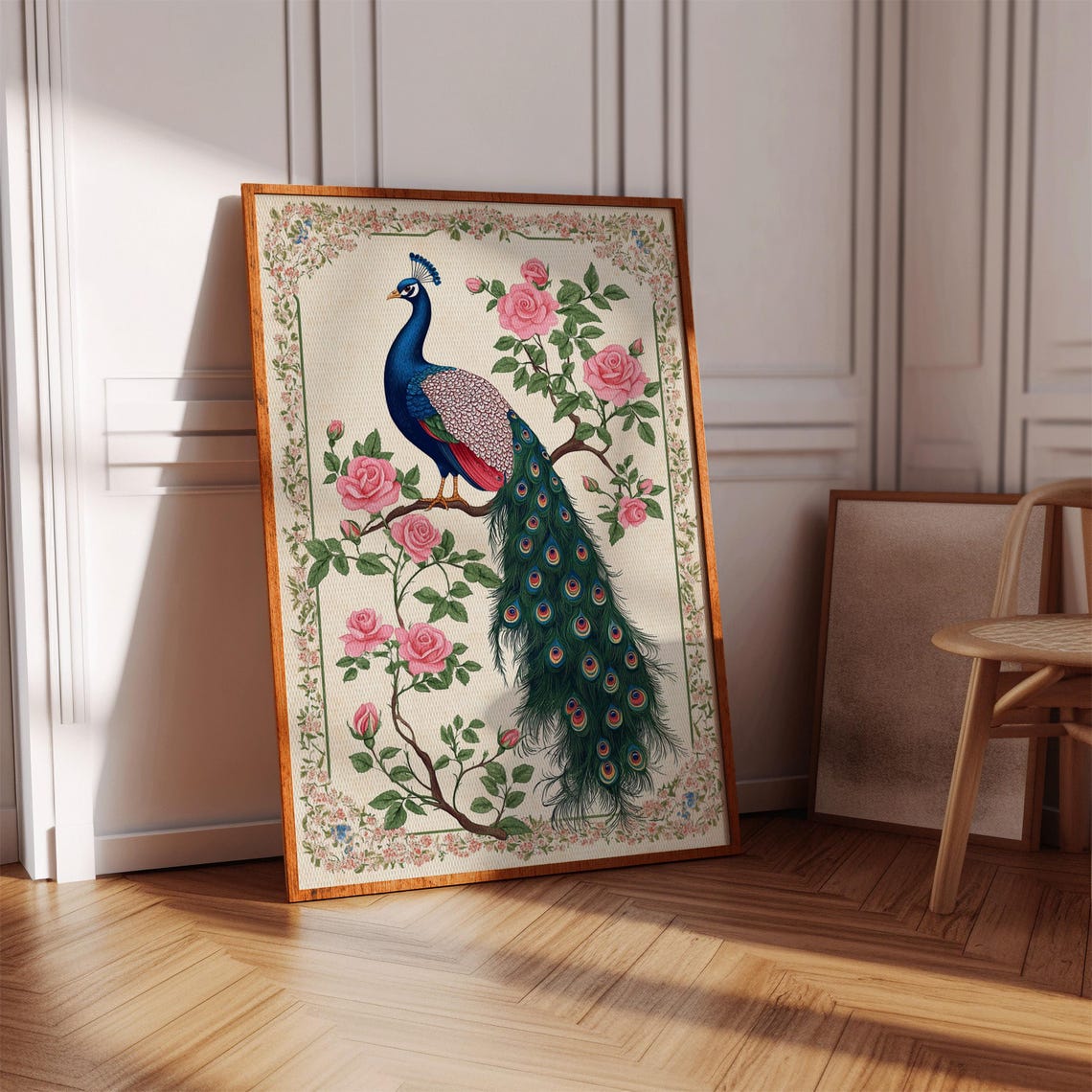 Vintage Peacock Perched Among Pink Roses Botanical Bird Poster