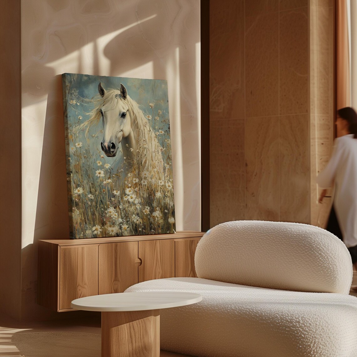 White Horse In Wildflower Meadow, Rustic Art Print - Image 6