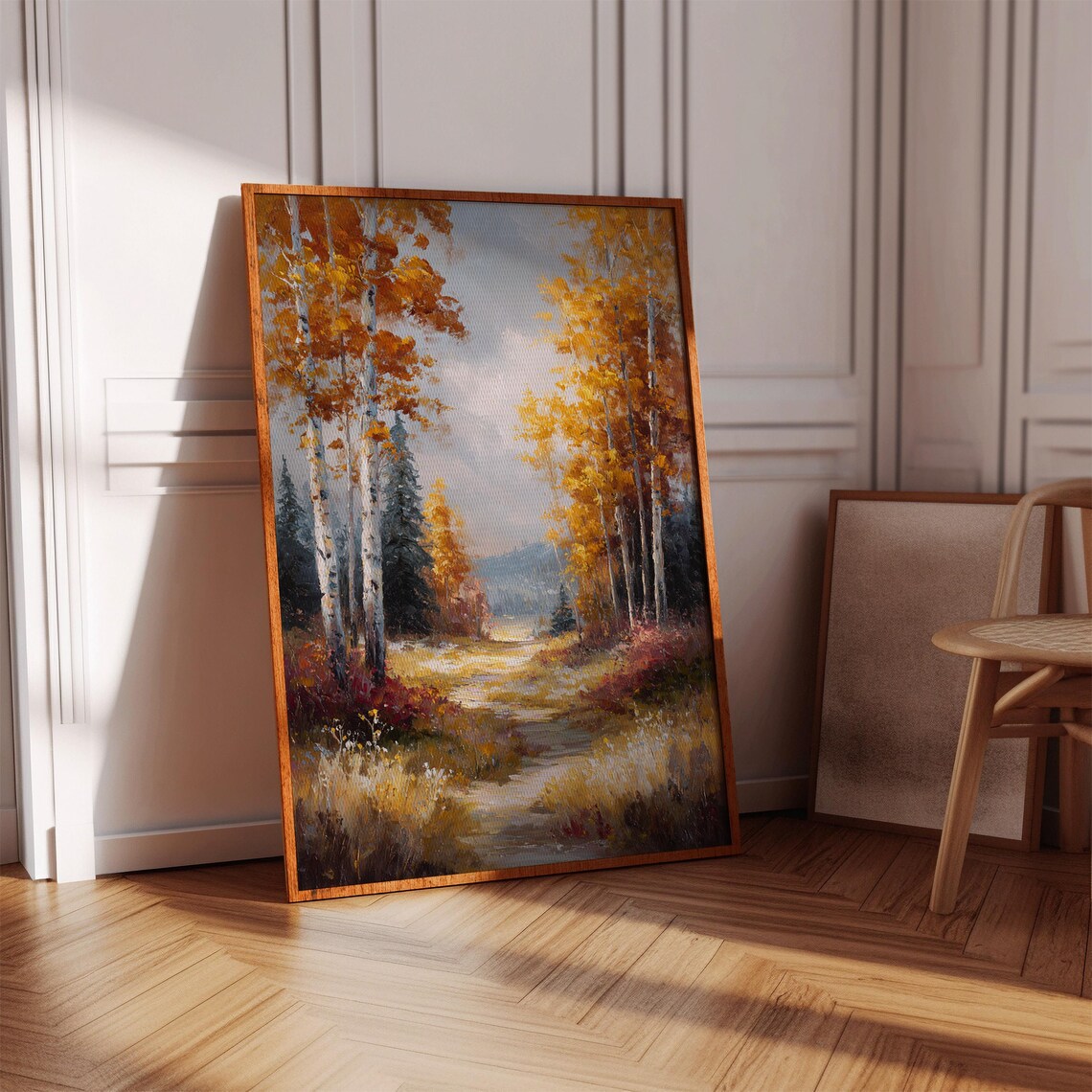 Golden Autumn Forest Path Art Print, Rustic Landscape