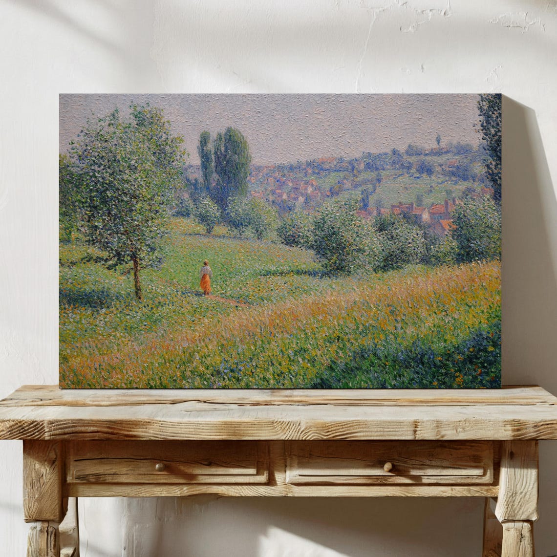 Impressionist Woman Walking in Green Meadow Village View Poster