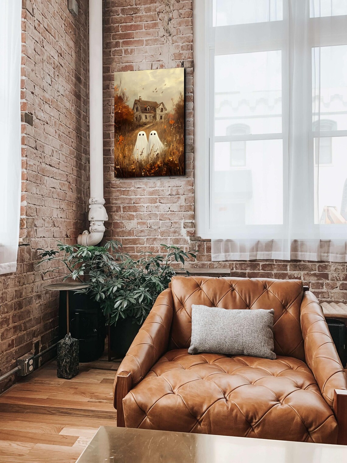 Two Ghost Friends Old House Golden Field Halloween Art Poster - Image 6