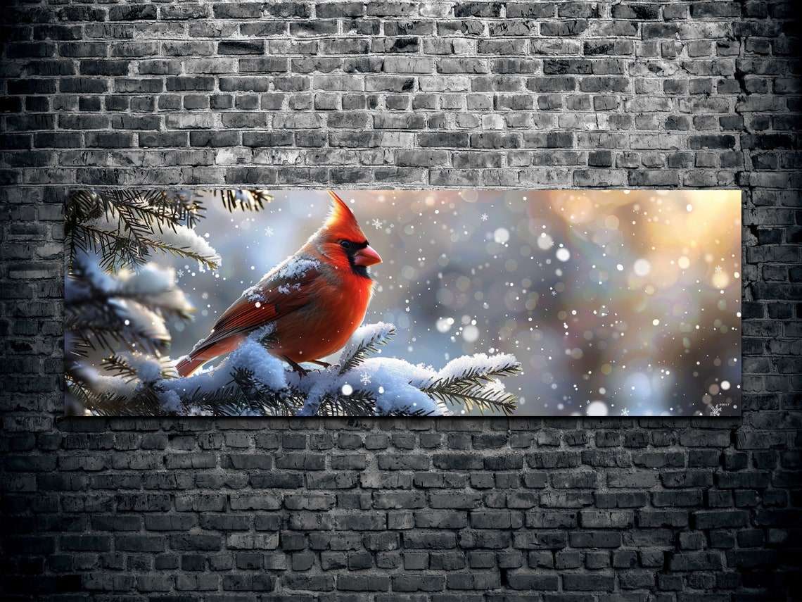 Red Cardinal Perched on a Snow Covered Pine Branch Panoramic Poster - Image 2