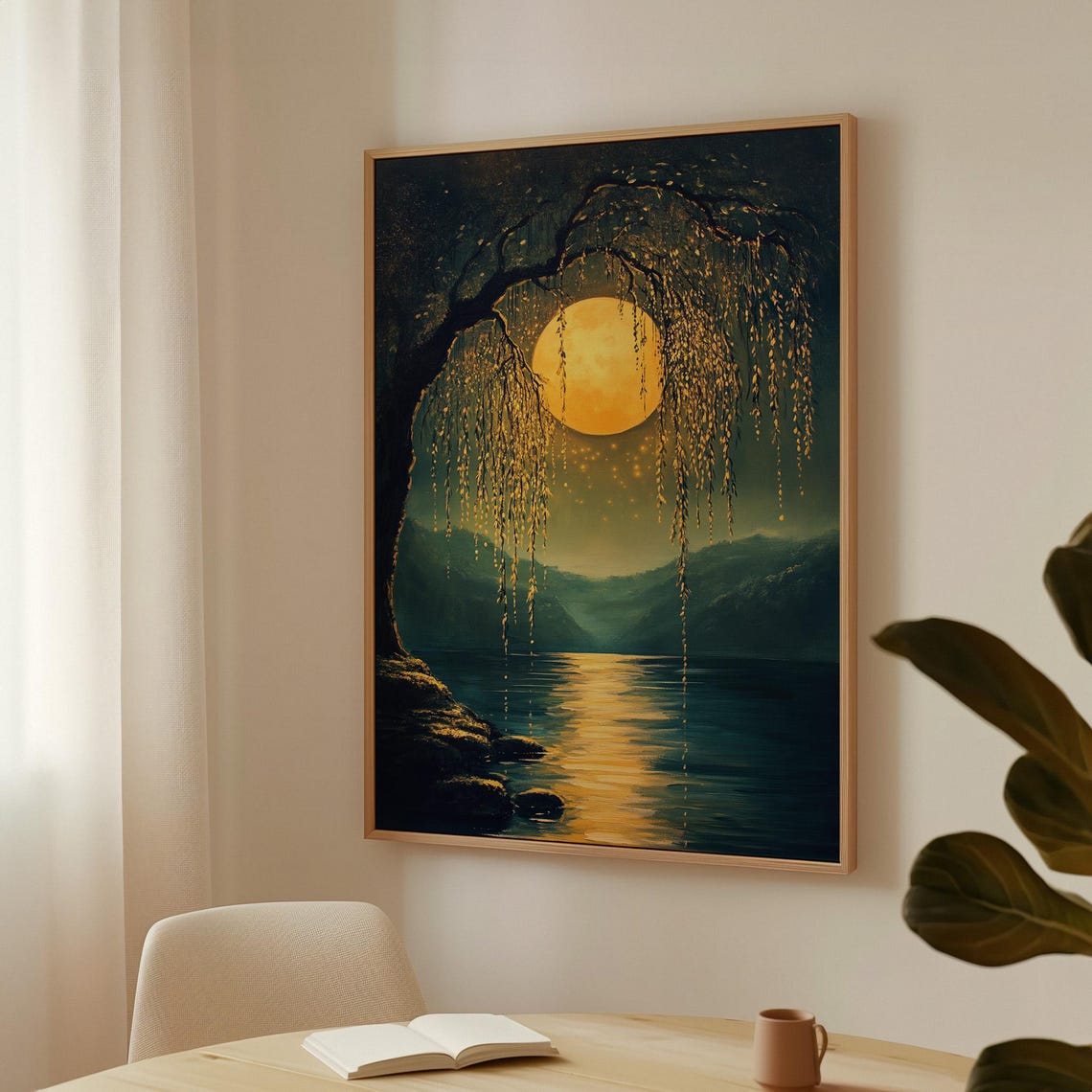 Golden Full Moon Behind Willow Tree Over Quiet Lake Night Poster - Image 5