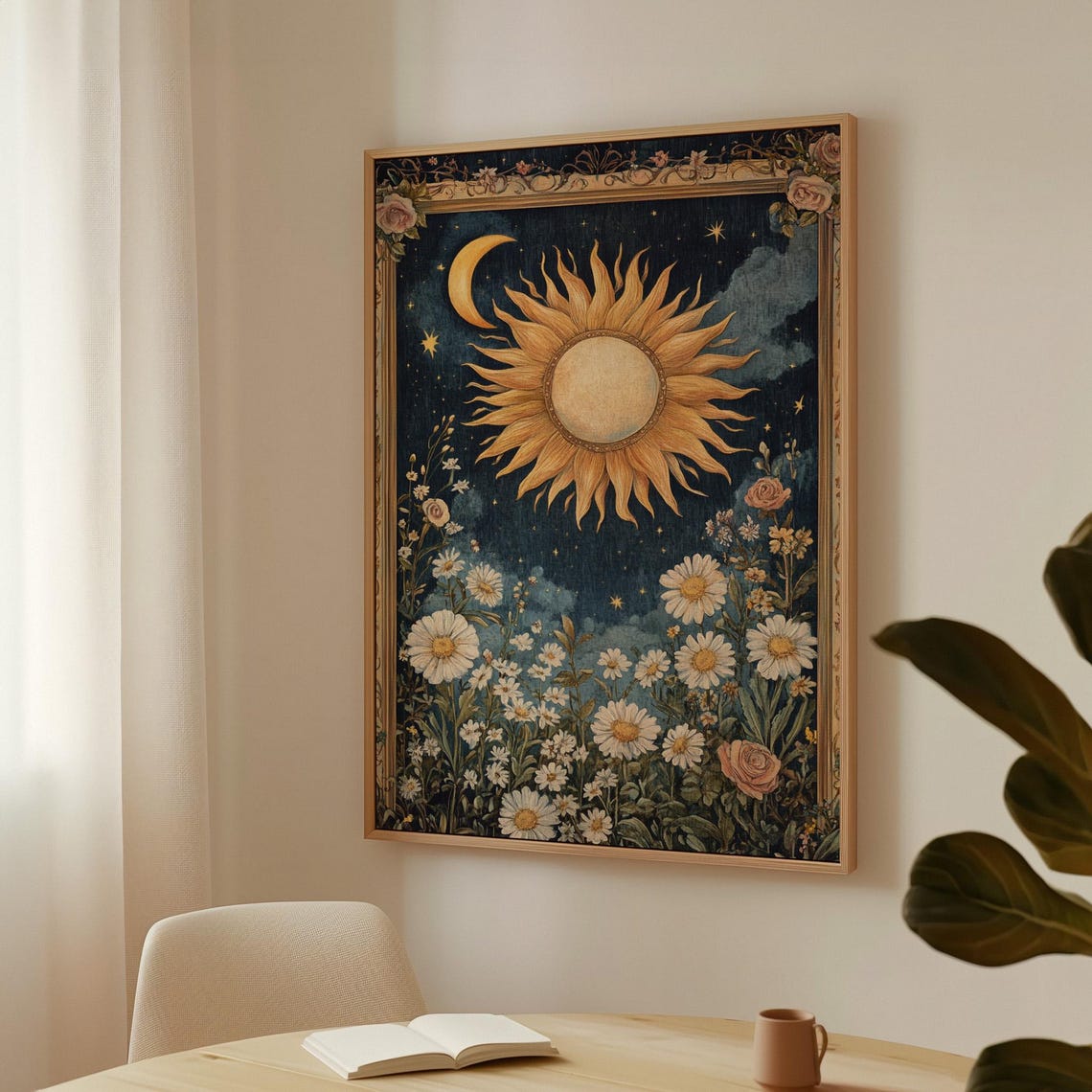 Vintage Sun And Moon Floral With Daisies And Roses Night Poster - Image 3