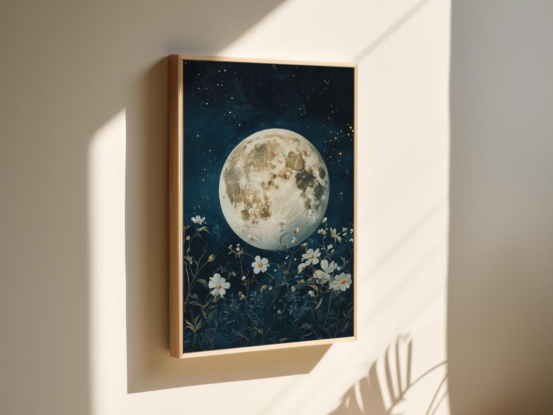 Full Moon Rising Over White Wildflowers Starry Night Art Poster - Image 5