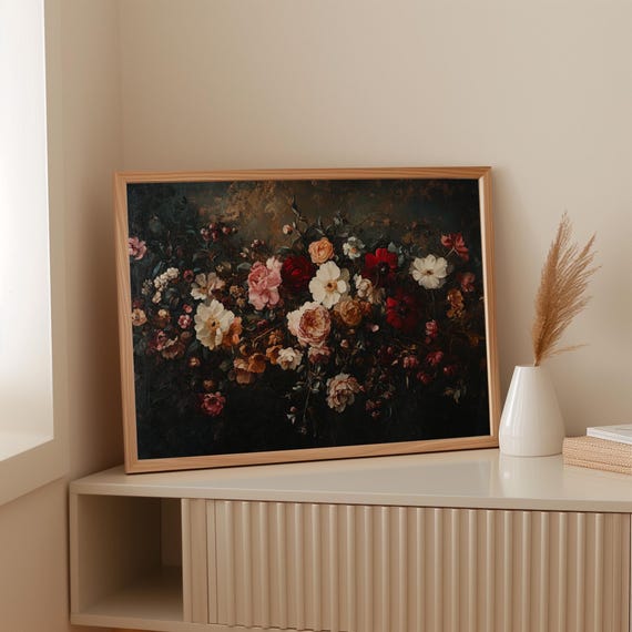 Vintage Floral Oil Painting Canvas Wall Art Romantic Dark Moody Flower Bouquet Classic Still Life Botanical Artwork Print