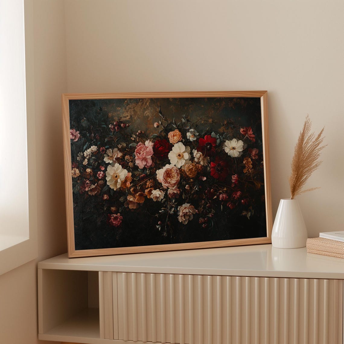 Moody Vintage Floral Still Life Dark Rose Oil Painting Print