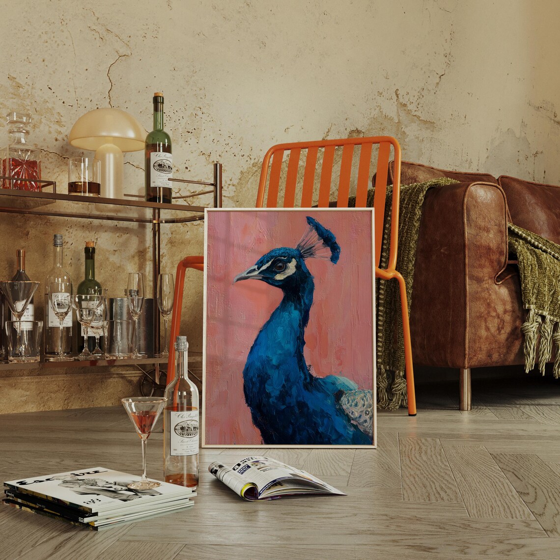 Blue Peacock Portrait Vibrant Pink Background Textured Oil Bird Art Poster