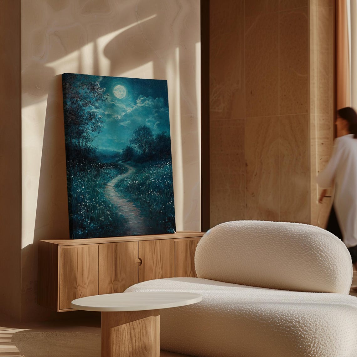 Moonlit Path Through Teal Night Forest Tranquil Landscape Art Poster - Image 5
