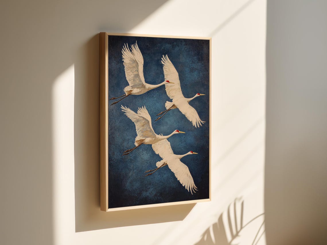 Four Flying White Cranes On Deep Navy Vintage Bird Art Poster - Image 7