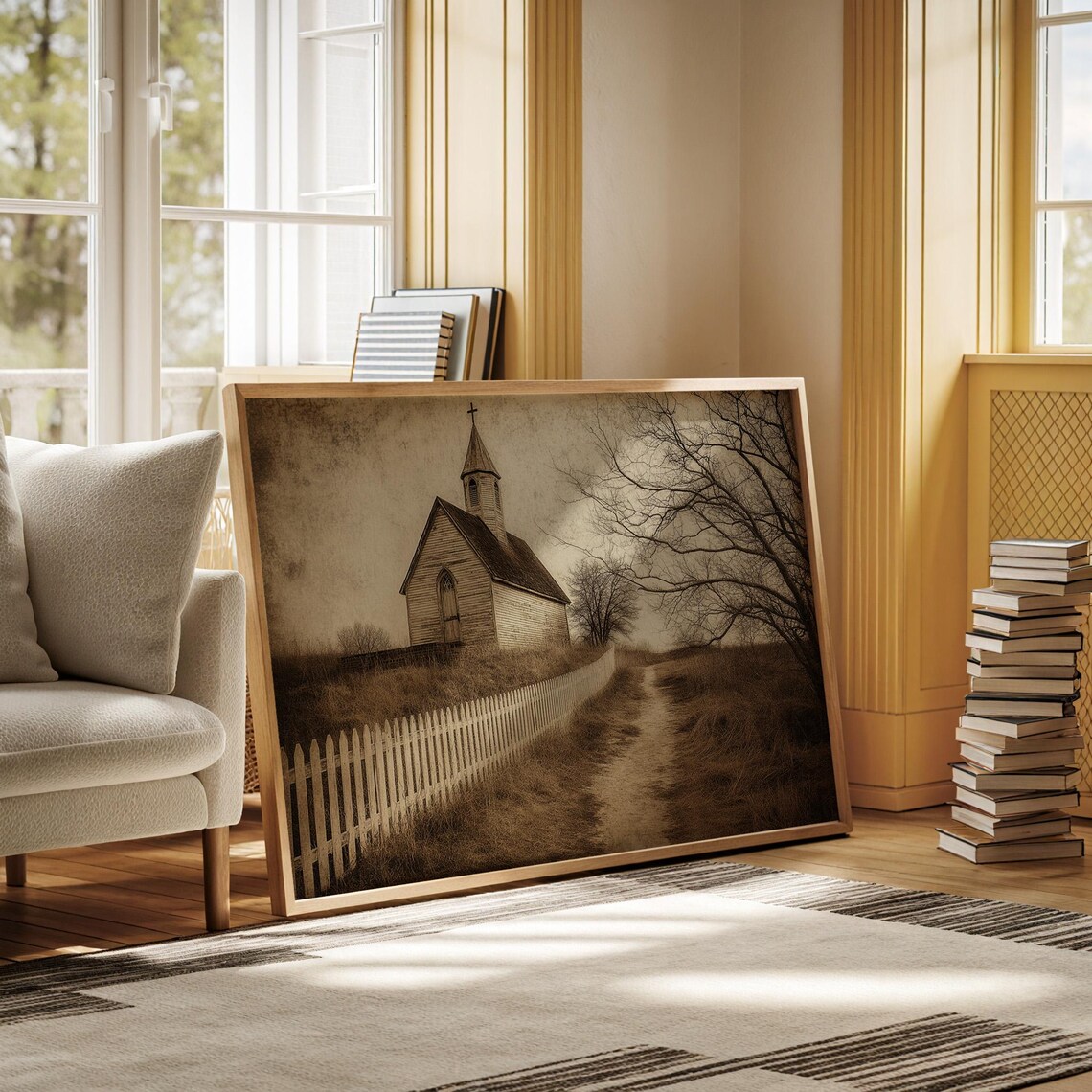 Vintage Sepia Country Chapel With Picket Fence Rural Landscape Poster