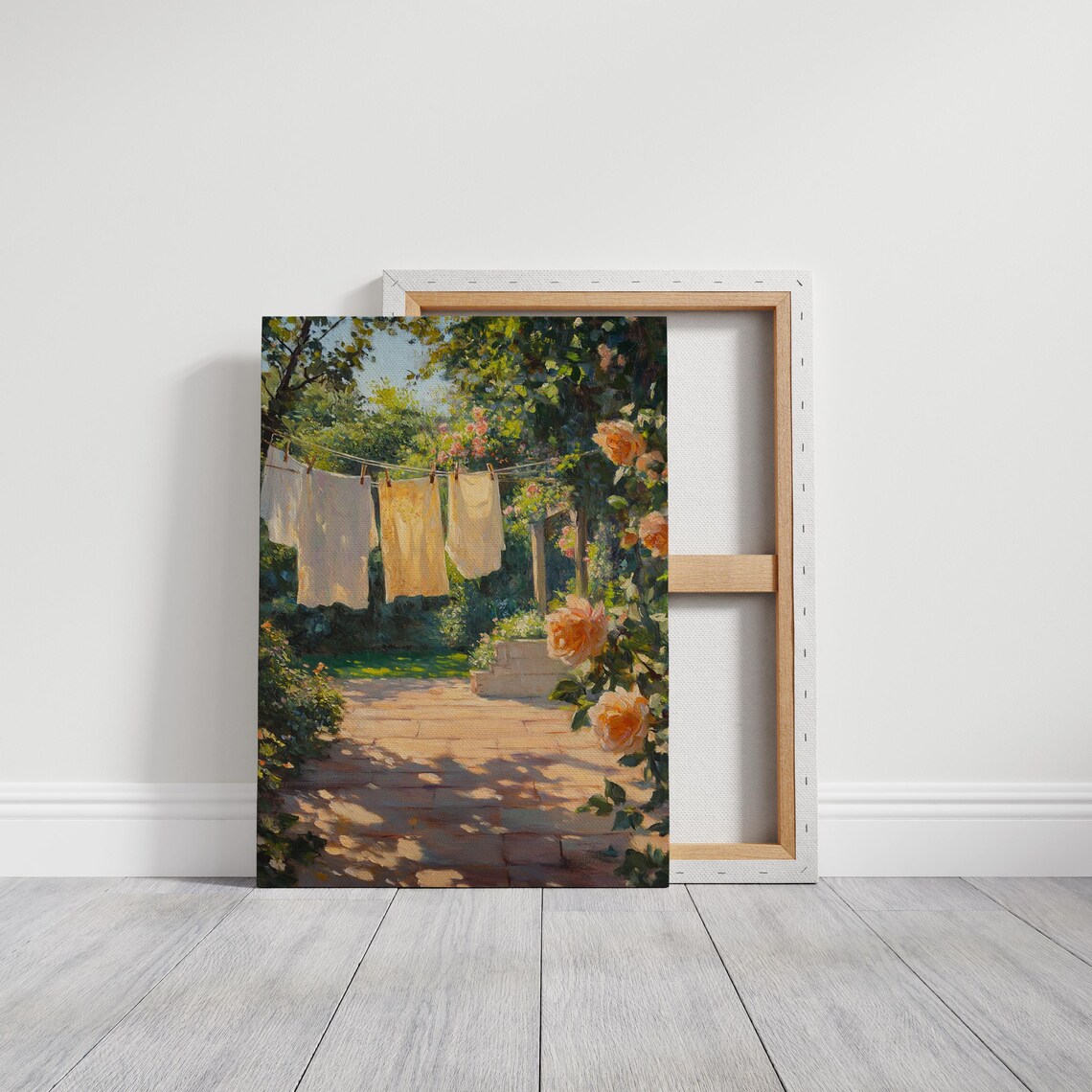 Sunlit Garden Clothesline With Blooming Roses Dappled Light Art Poster - Image 3