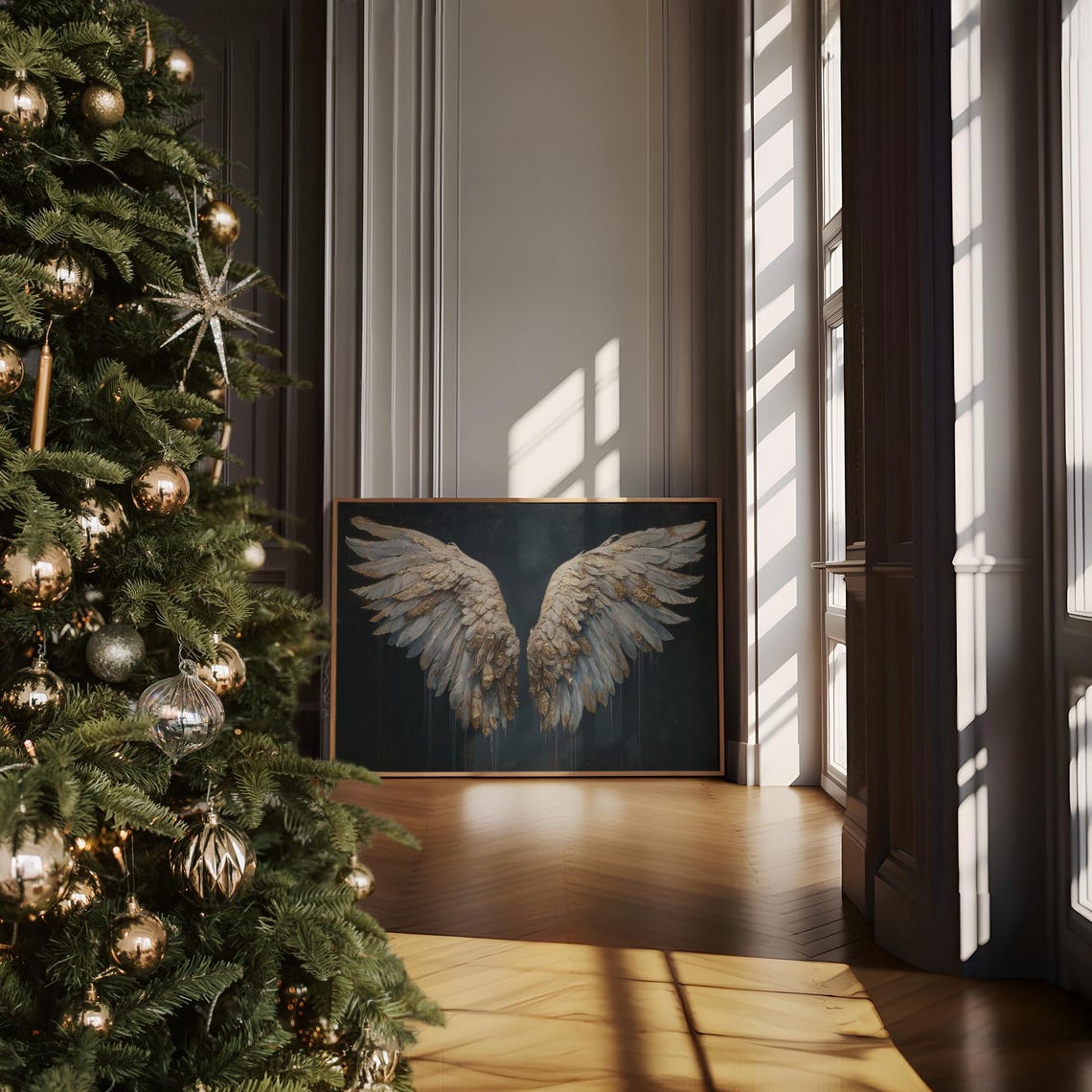 Golden Angel Wings Spread on a Dark Moody Background Wall Art