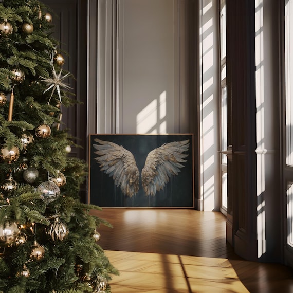 Golden Angel Wings Spread on a Dark Moody Background Wall Art