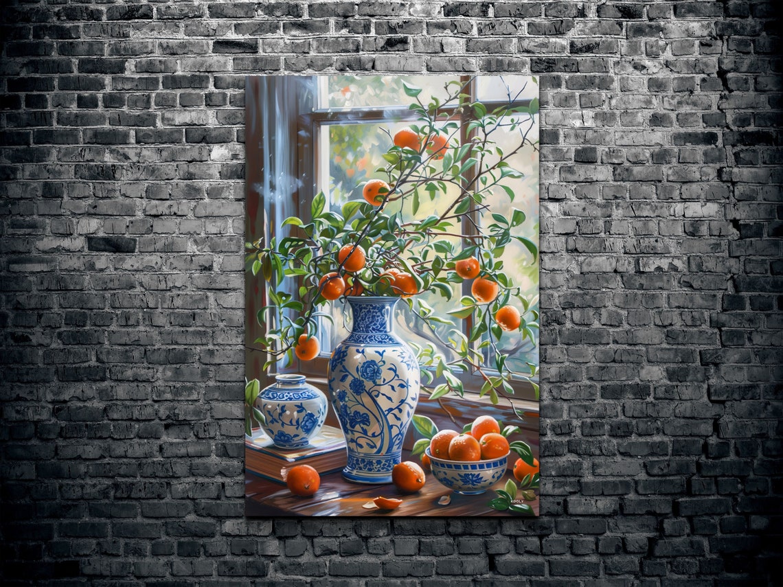 Orange Branches In Blue White Porcelain Vase Still Life Poster - Image 2