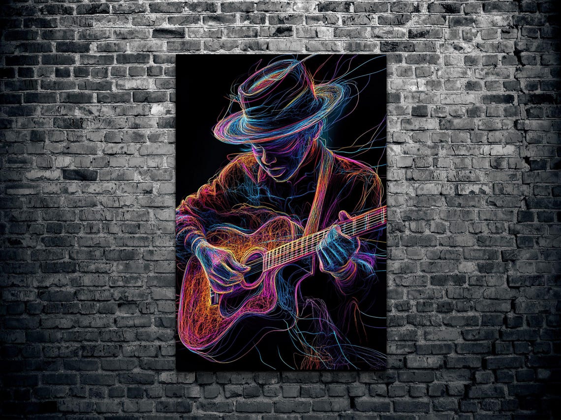 Neon Line Art Acoustic Guitarist Bowing Low Over Guitar Poster - Image 2