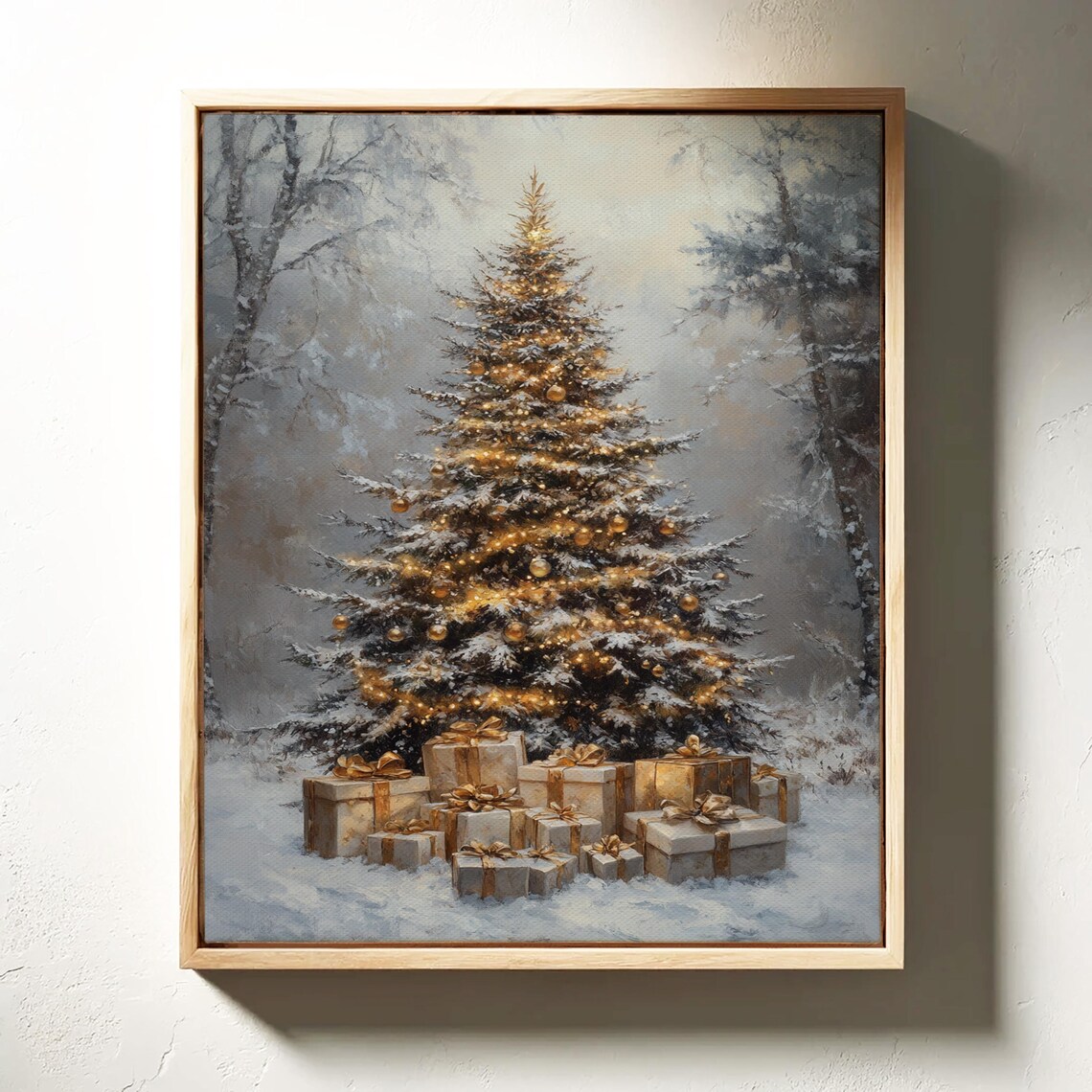 Golden Lit Christmas Tree with Gifts in a Winter Snow Poster - Image 3