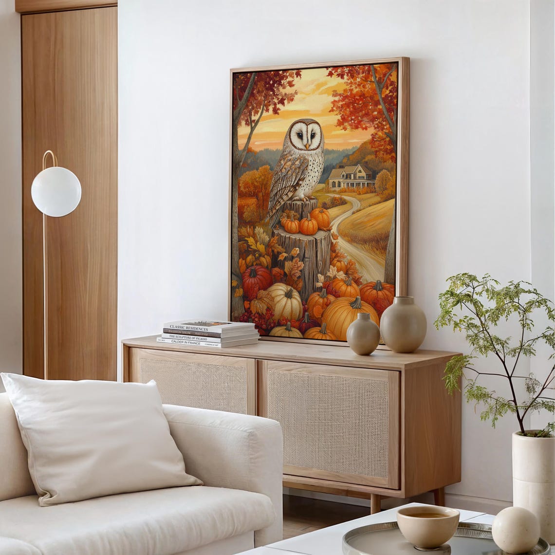 Barn Owl Perched On Stump Among Pumpkins Autumn Farm Scene Wall Art - Image 7