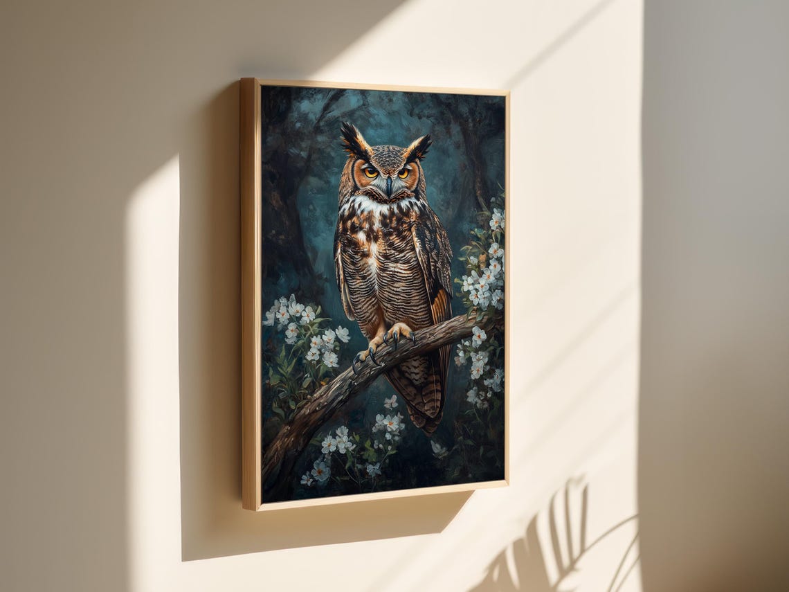Great Horned Owl With White Flowers Wildlife Nocturnal Painting Poster - Image 6