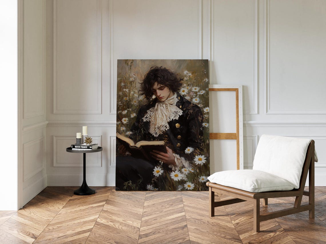 Romantic Young Man Reading Book Among White Daisies Meadow Poster - Image 3