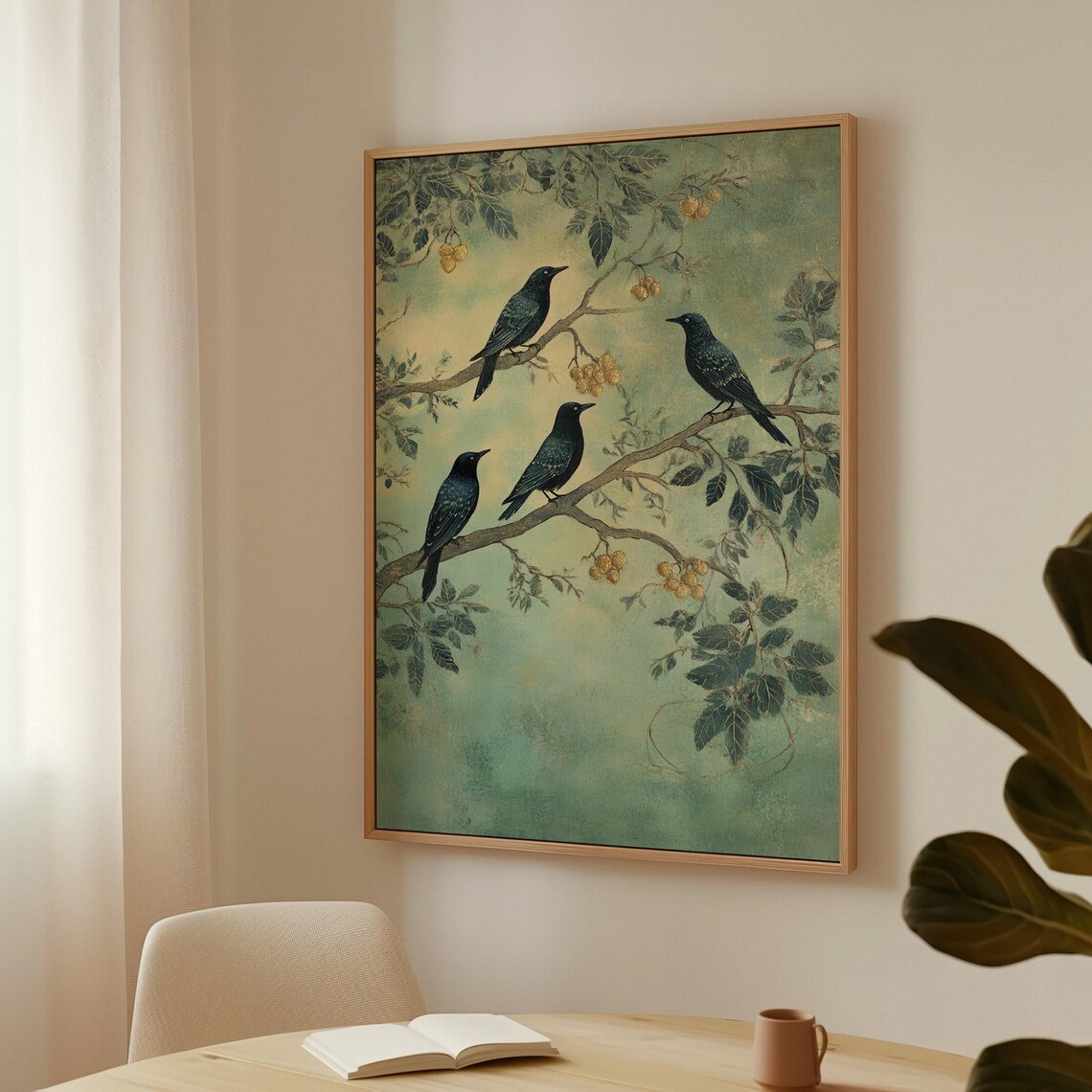 Blackbirds On Branches With Golden Berries, Vintage Nature Art Print