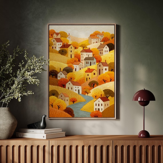 Autumn Village on Golden Hillside Winding River Folk Art Landscape Poster