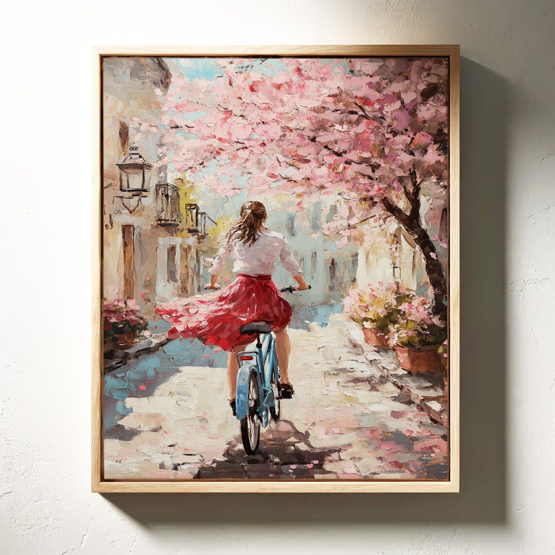 Spring Cherry Blossom Lane Woman Cycling Oil Painting Poster - Image 3