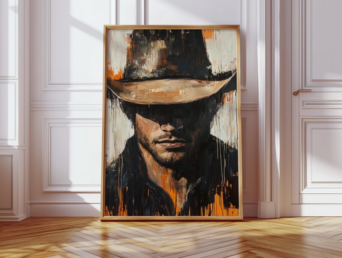 Cowboy Portrait Rustic Oil Painting Wall Art Print - Image 3