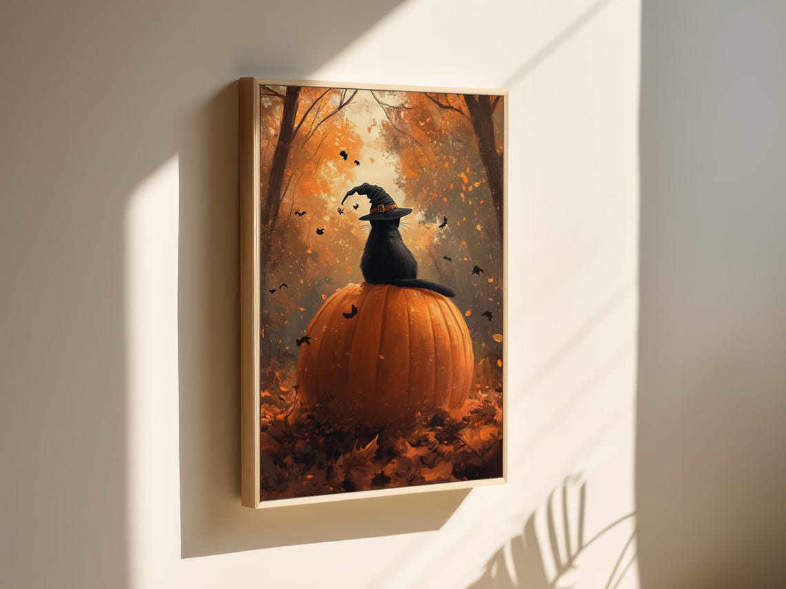 Black Cat In Witch Hat Perched On Pumpkin Autumn Night Bats Poster - Image 3