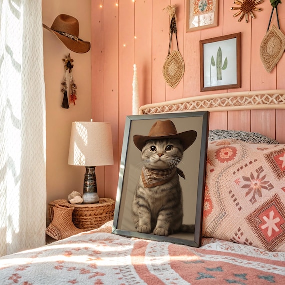 Funny Cowboy Cat Portrait With a Hat and Bandana Western Poster