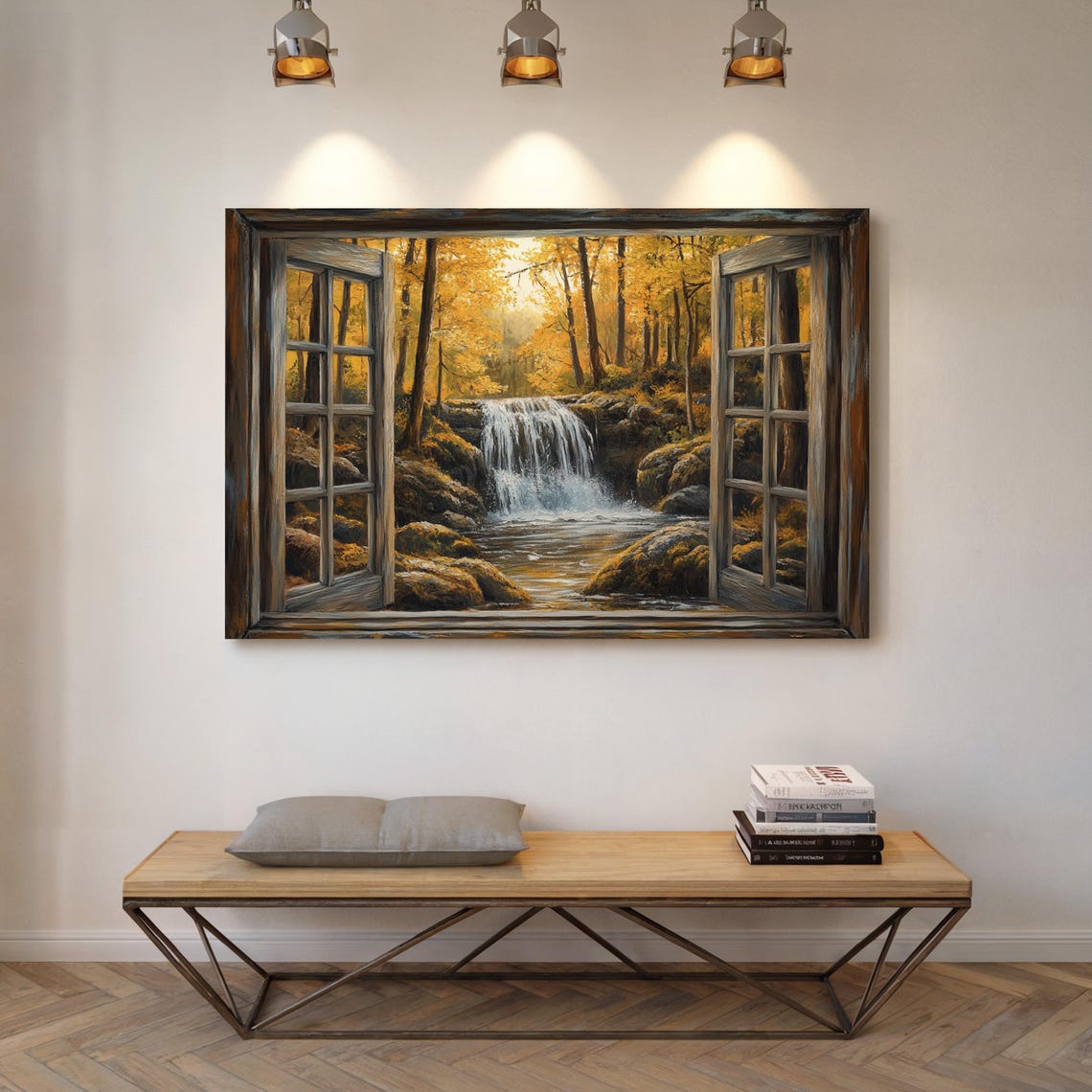 Rustic Open Window View Waterfall Autumn Woods Cozy Scene Poster - Image 3