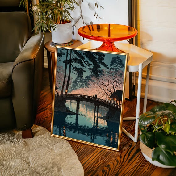 Japanese Woodblock Bridge Art With Cherry Blossoms And Lantern Glow At Dusk Serene Landscape Canvas For Tranquil Home Wall Decor