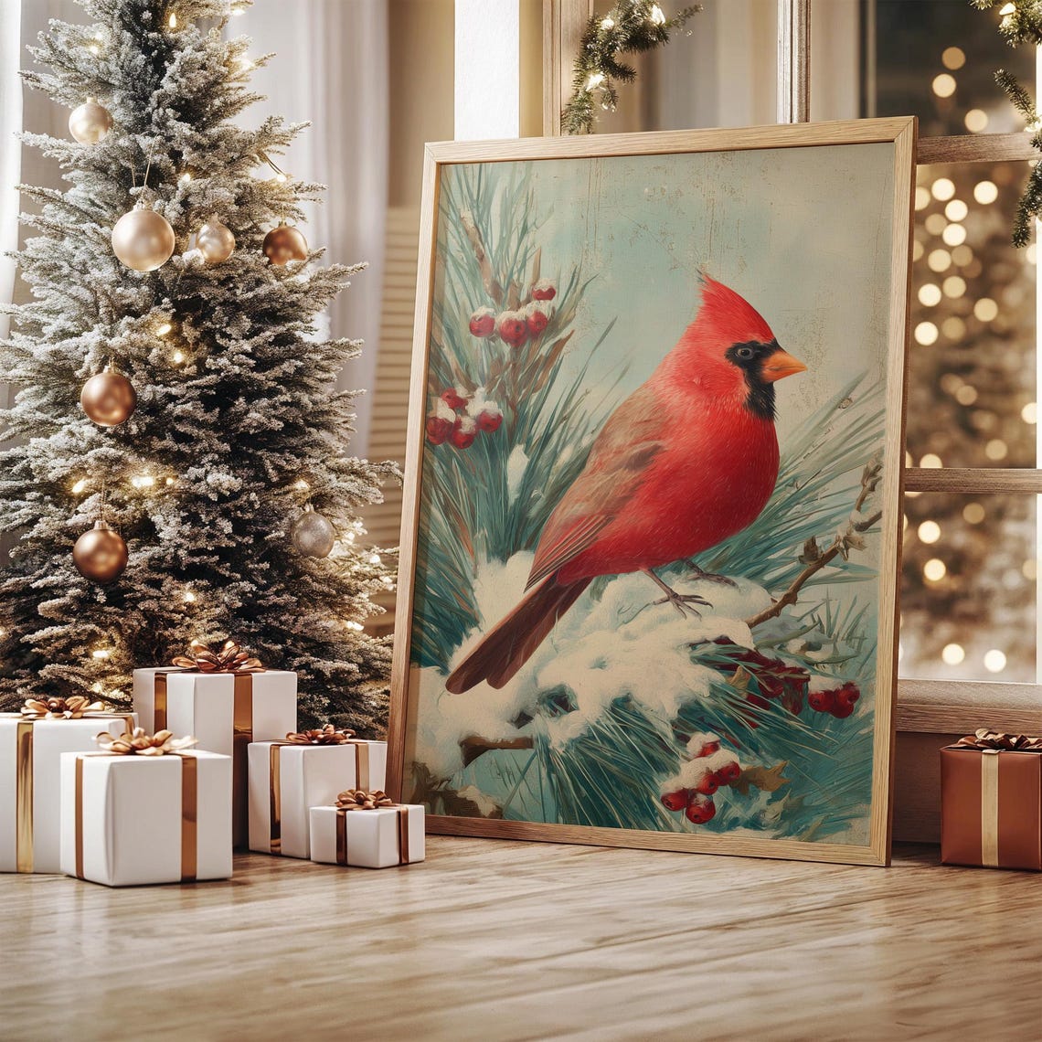 Red Cardinal Perched on Snowy Pine Branch With Berries Art Poster