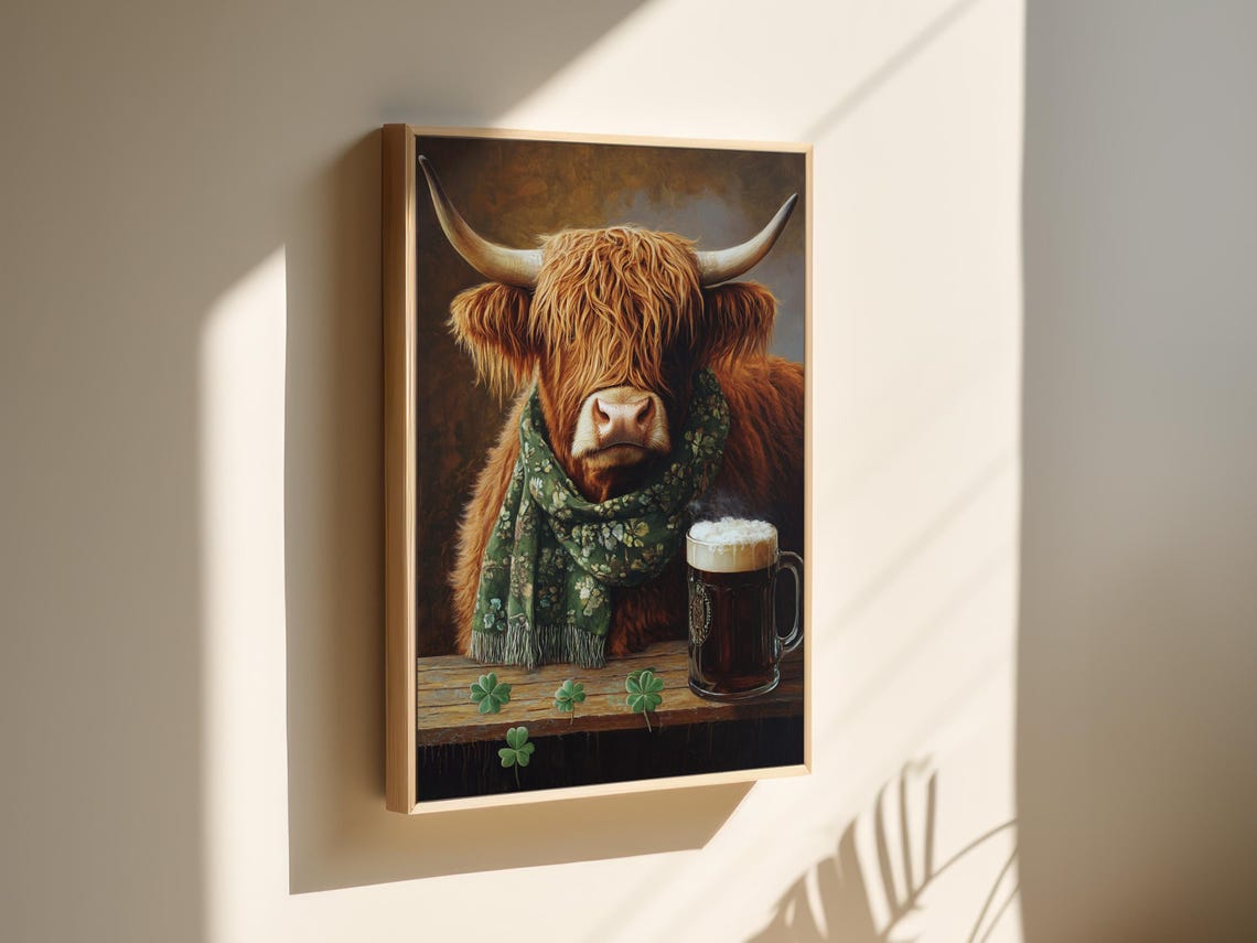 Shaggy Highland Cow Clover Scarf Frothy Beer Mug Wall Poster - Image 6