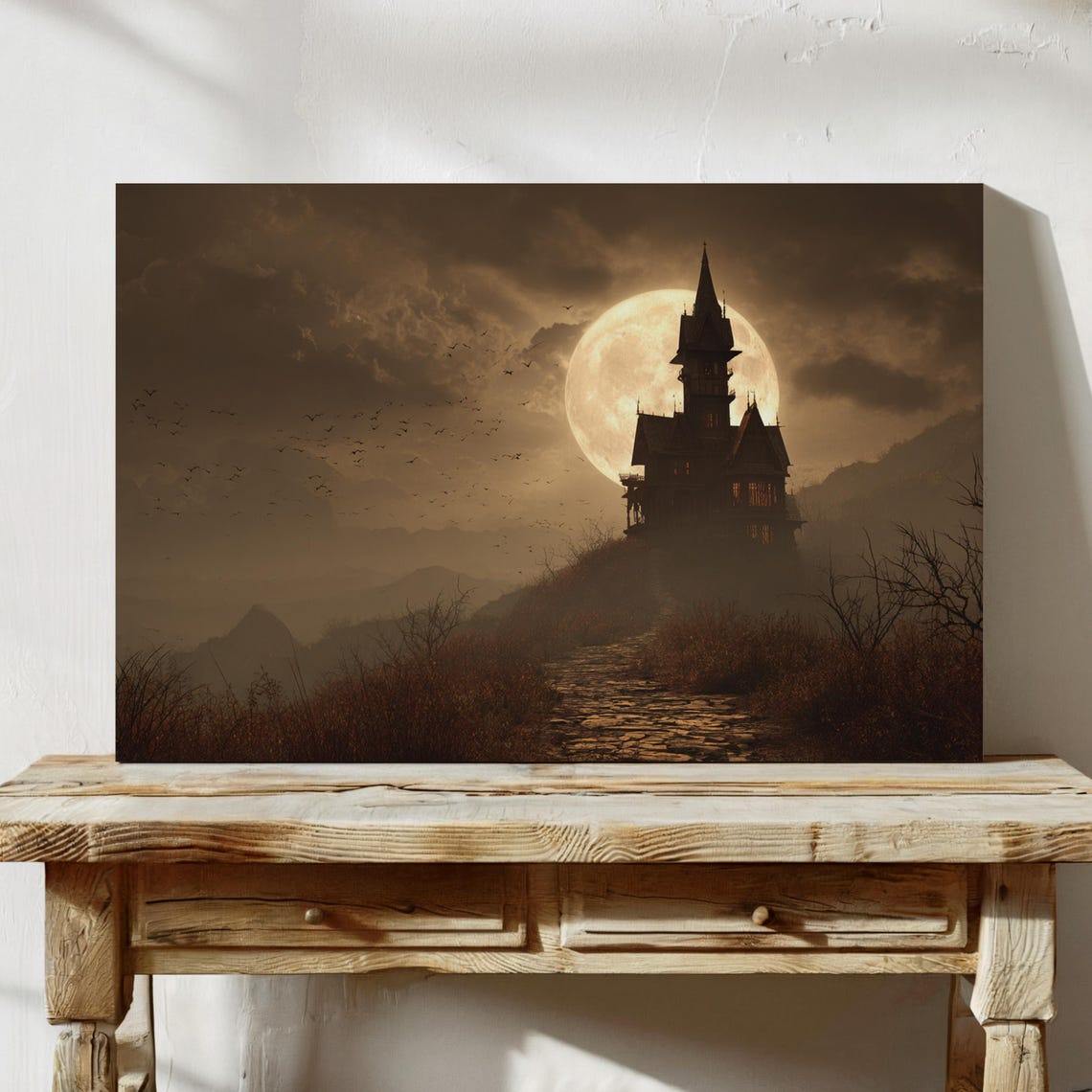 Haunted House Full Moon Gothic Mansion Spooky Bats Halloween Poster