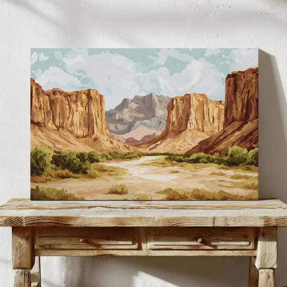 Southwestern Desert Canyon Canvas Wall Art Vintage Landscape Painting Of Western Cliffs And Sky For Rustic Natureinspired Decor