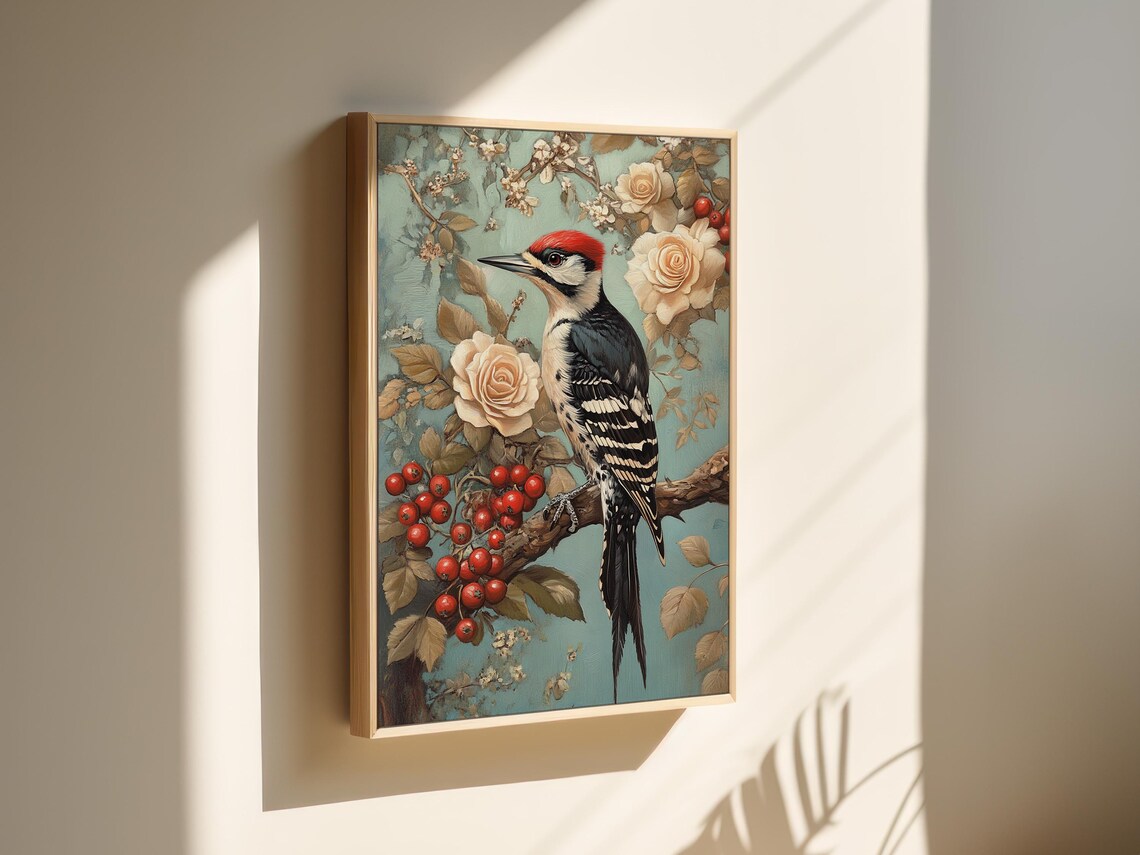 Woodpecker Vintage Nature Bird Painting Roses Berries Teal Poster - Image 6
